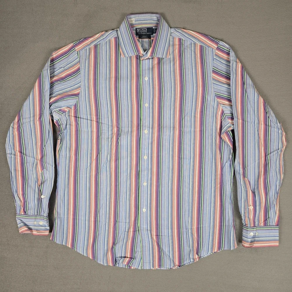 Polo Ralph Lauren Shirt Mens 17 36-37 Regent Custom Fit Blue Striped 100% Cotton
